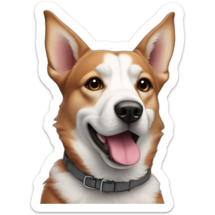 a red-gray dog with erect ears, against the background of snow, shows his tongue sticker