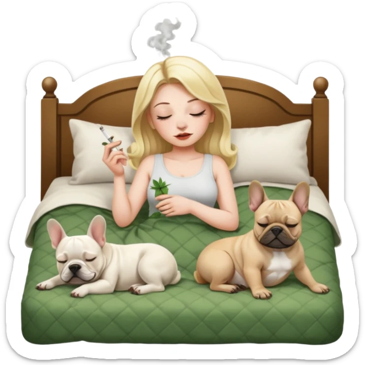 Sleeping weed smoking blonde women with French bulldogs on the bed sticker