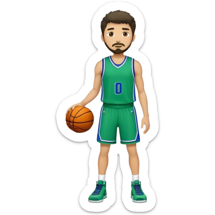 Full Body white male basketball player with short dark shaggy hair and goatee wearing blue and green uniform sticker