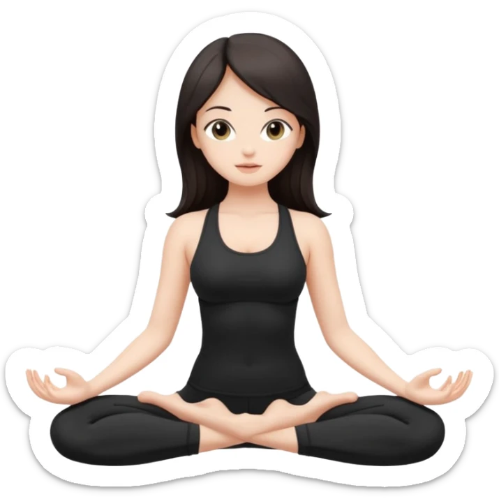 Девушка белокожая, с длинными темными волосами, в черной одежде для йоги, стоит в позе лотоса, в стиле бимбо пилатес, правильные пропорции, только человек sticker