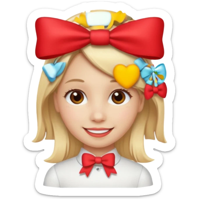 ["Fair skin female, straight blonde hair, small red bow clip."] sticker