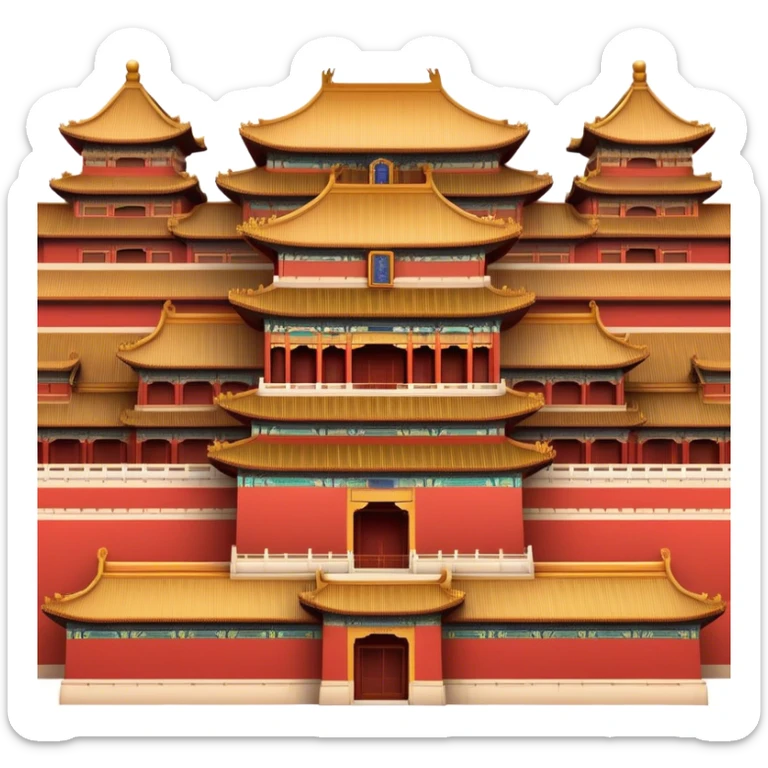 Cinematic Realistic Forbidden City Landmark Emoji, depicting grand imperial architecture with golden rooftops, vast courtyards, and intricate wooden carvings, all surrounded by towering red walls. sticker