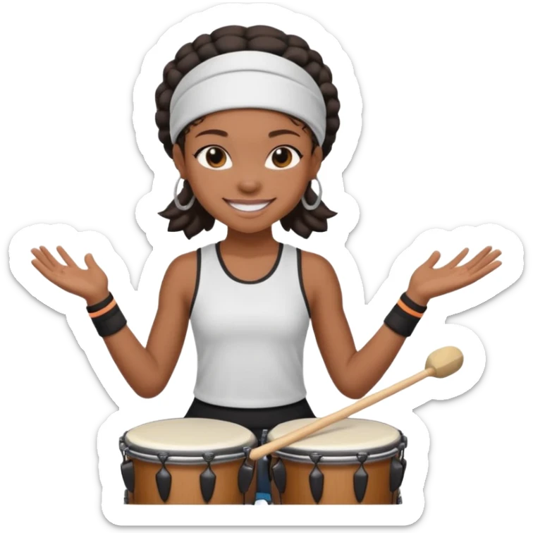 A black girl drummer with a sporty headband and clothes, tapping her drum rhythmically with a grin. sticker