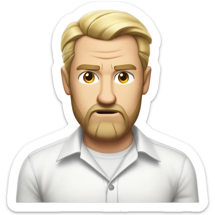 middle aged english man, short slicked back hair blonde, blonde medium length size full beard, eyesbrows angry, in a smart white unbuttoned shirt. sticker