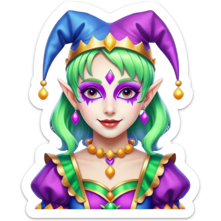 Cinematic chibi style girl in dressed like a Jester, Ultra realistic 32k HD, Breathtaking piece of art, rim lighting, hauntingly beautiful art, vibrant colors, Balanced features, highly detailed digital artwork, glowing with silver light, glowing, high shine, deviant adoptable, highly detailed clothing, remembrance, a painting of white silver, fanciful, enchanting, ghostly, embodying the essence of both reality and fantasy, dreamy, dreamy glow, optical illusion, immaculate composition, complex pose, air composition. The image is so lifelike that it feels as though it could leap off the canvas at any moment sticker