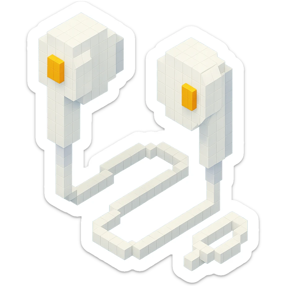 white Apple EarPods, isometric view, voxel style sticker
