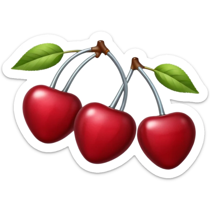 A pair of cherries emoji made of polished silver chrome, smooth rounded shapes, glossy metallic finish, soft highlights and reflections, cute proportions, iOS emoji style, centered, clean white background, no text sticker