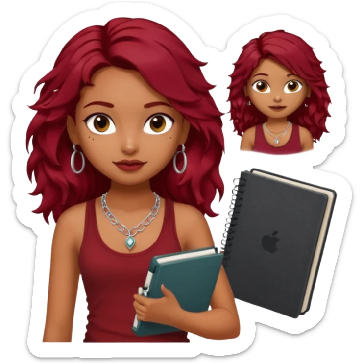 a pretty tan indian bratz girl with messy dark wavyred hair, wearing a dark red tank top, layered silver necklaces. Carrying multiple sketchbooks sticker