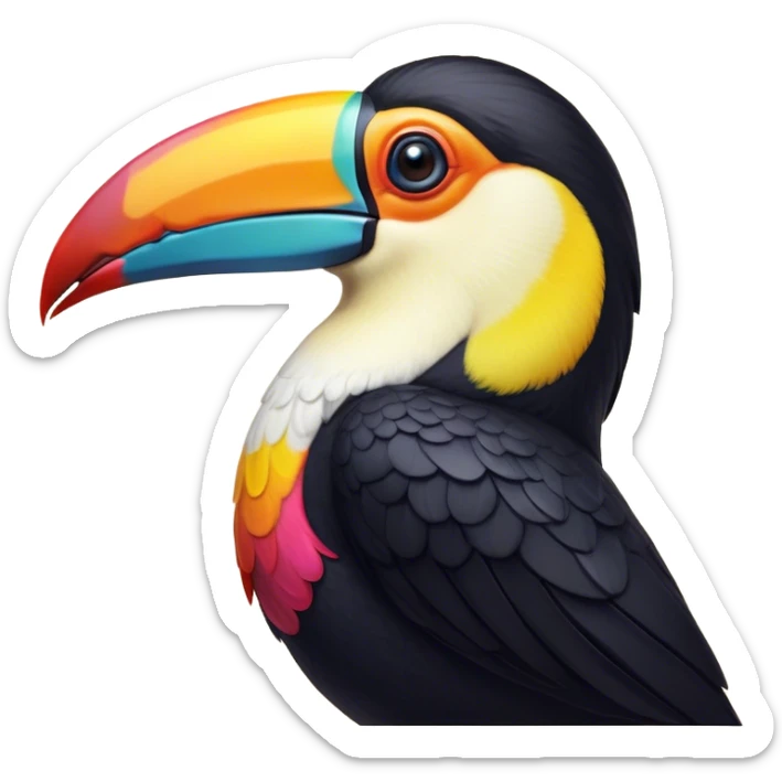 Cinematic Noble Toucan Portrait Emoji, Poised and regal, with a vibrant, striking beak and a sleek, colorful body adorned with bold patterns and keen, observant eyes, Simplified yet sharp and sophisticated features, highly detailed, glowing with a soft, tropical radiance, high shine, intelligent and majestic, stylized with an air of exotic elegance, focused and alert, soft glowing outline, capturing the essence of a watchful and confident avian guardian that appears ready to take flight out of the screen with effortless authority! sticker