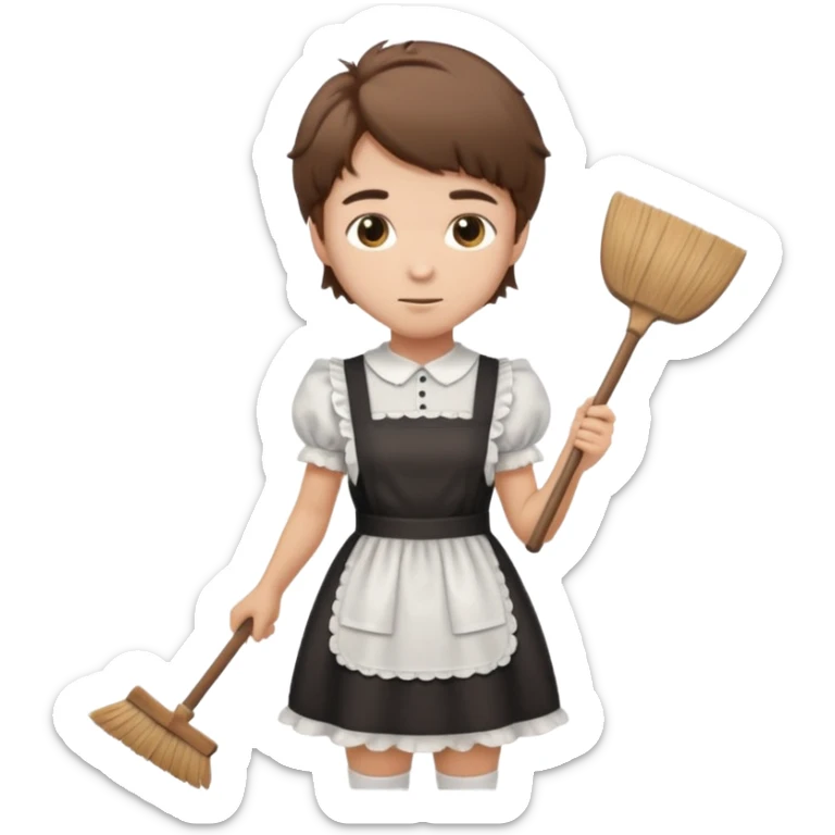 Guy with short shaggy brown hair wearing a cute maid dress, sweeping sticker
