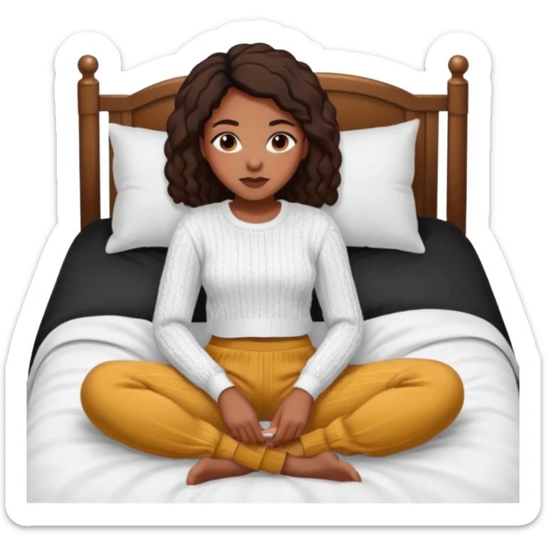 UNE FEMME DE COULEUR DE PEAU NOIRE HABILLE AVEC UN PULL BLANC ET JOGGING NOIR ET ELLE EST DANS SON LIT sticker