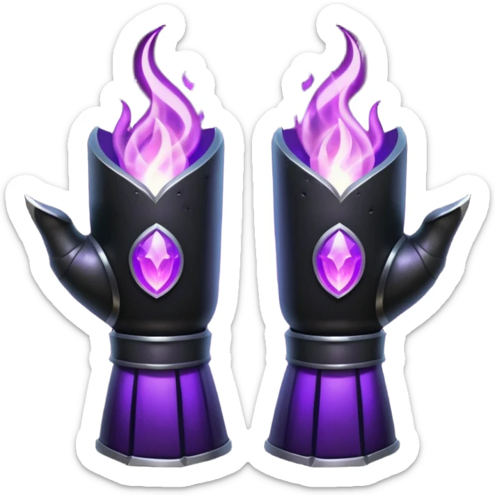 A Discord emoji of a pair of black armored gauntlets holding a flickering violet flame. The hands are positioned as if offering a gift. Dark gothic fantasy, glowing magical effects, high contrast, 2D vector style, white background. sticker