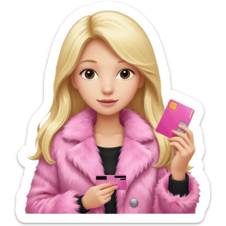 blonde long hair girl in a pink fur coat holding a pink credit card sticker