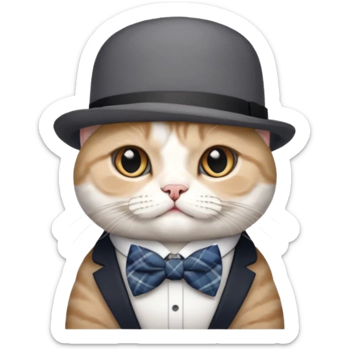 Cinsi scottish fold olan rengi Gri beyaz olan şapka ve papyon takan kedi sticker