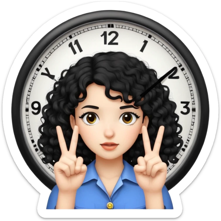 a girl with black curly hair, with a clock and putting her two fingers together like she is squashing something sticker