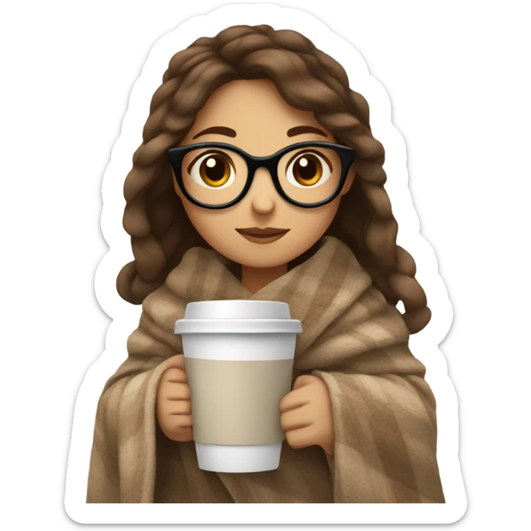 Brown hair Girl drinking coffee, with a cozy blanket, glasses sticker