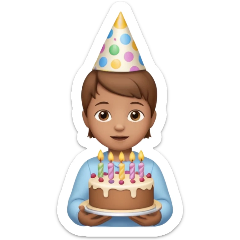 with brown hair cute baby wearing birthday hat with birthday cake sticker
