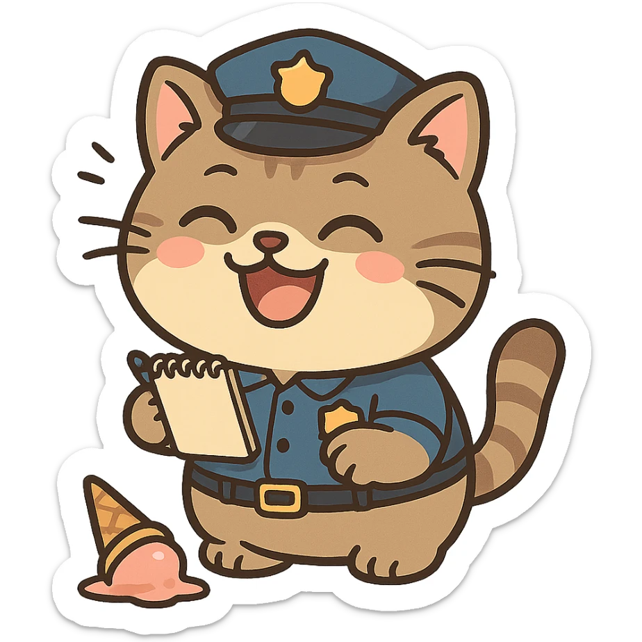 chubby police cat with big grin, holding notepad, giggling at spilled ice cream cone as the crime, lighthearted and funny sticker