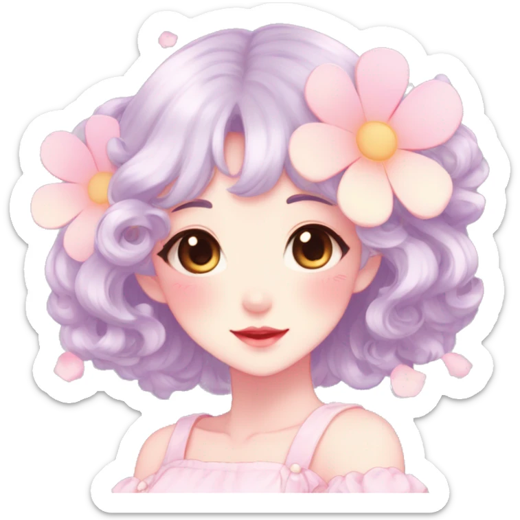 Gorgeous pastel anime style lady with blushing face and flower petals cottagecore fairycore pastelcore shiny colorful pearly petite simplistic aesthetic trending style sticker
