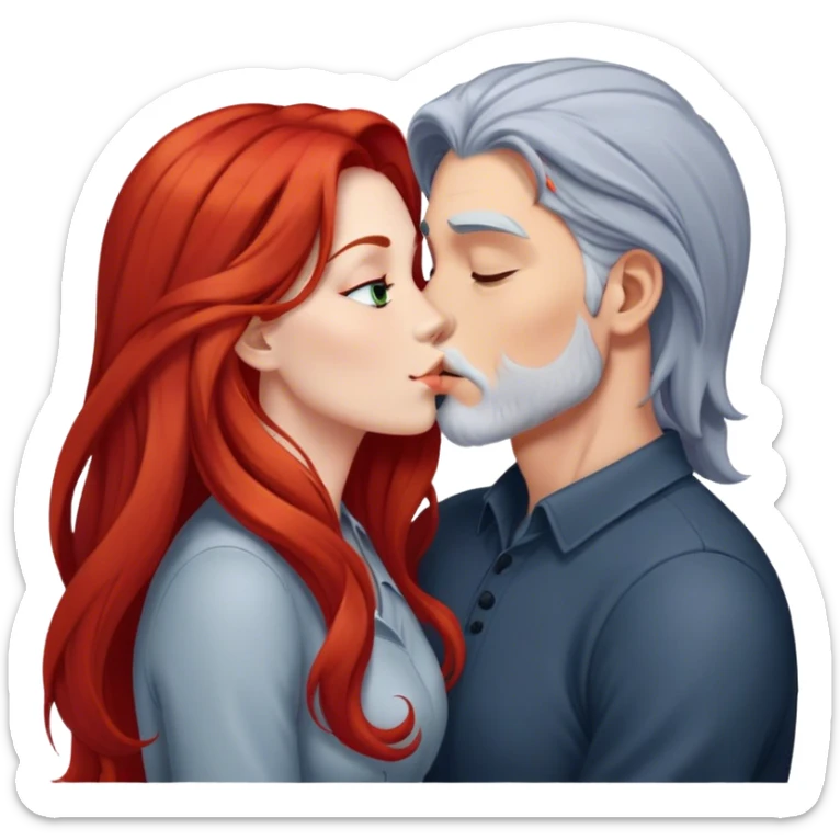 Long red hair woman and young gray hair man kissing sticker
