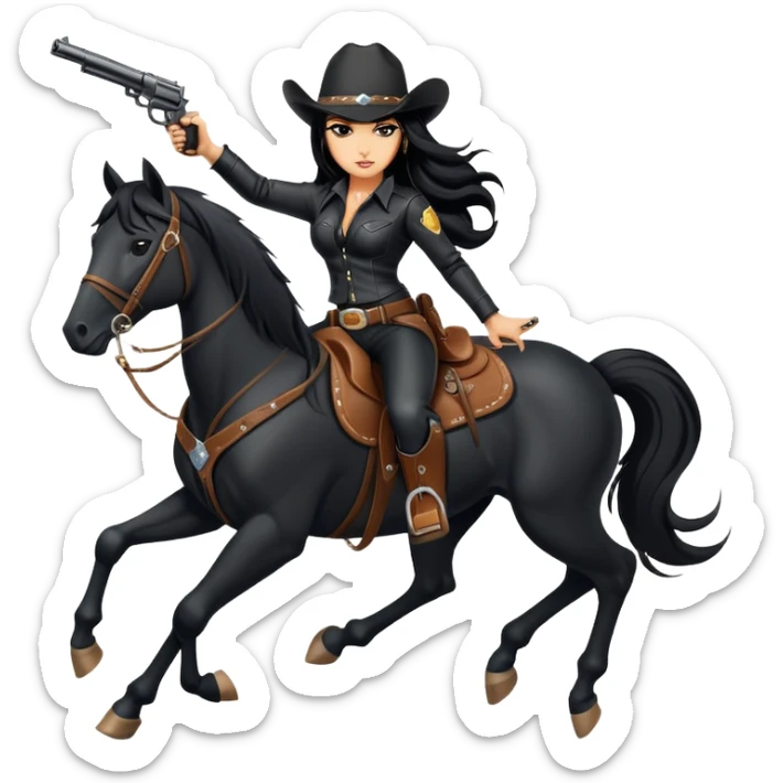 badass confident hot tanned woman with long black hair cowgirl style wearing black leather outfit with gun riding horse in action pose sticker
