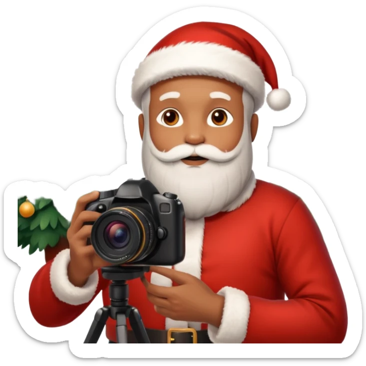 Homme photographe noir, week-end détente, équipé d’un appareil photo pro. Dans un décor Noël chaleureux, Père Noël à côté, sapin illuminé, lumières douces.  Ambiance festive, réaliste, couleurs nettes sticker