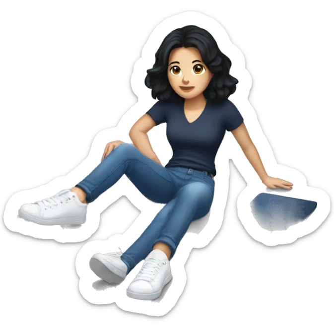 white woman with black hair, dark blue shirt and jeans, white sneakers lying on the floor sticker