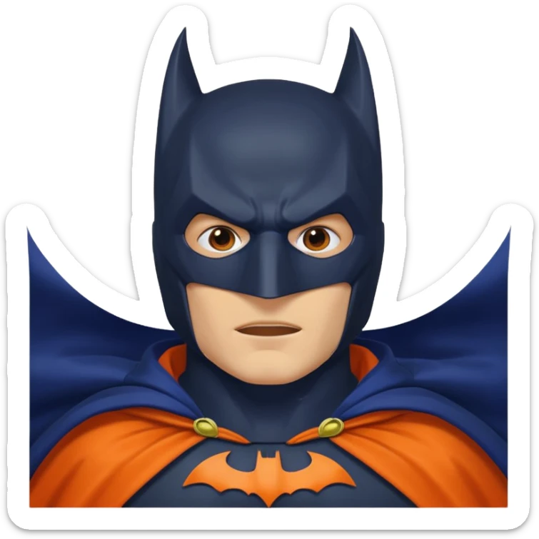 generate a batman emoji with just the face and neck showing and part of the cloak and and wings. Shade the mask in dark navy blue.  Shade the cloak in a solid vibrant orange. Shade the bat logo in a bright  olive green. sticker