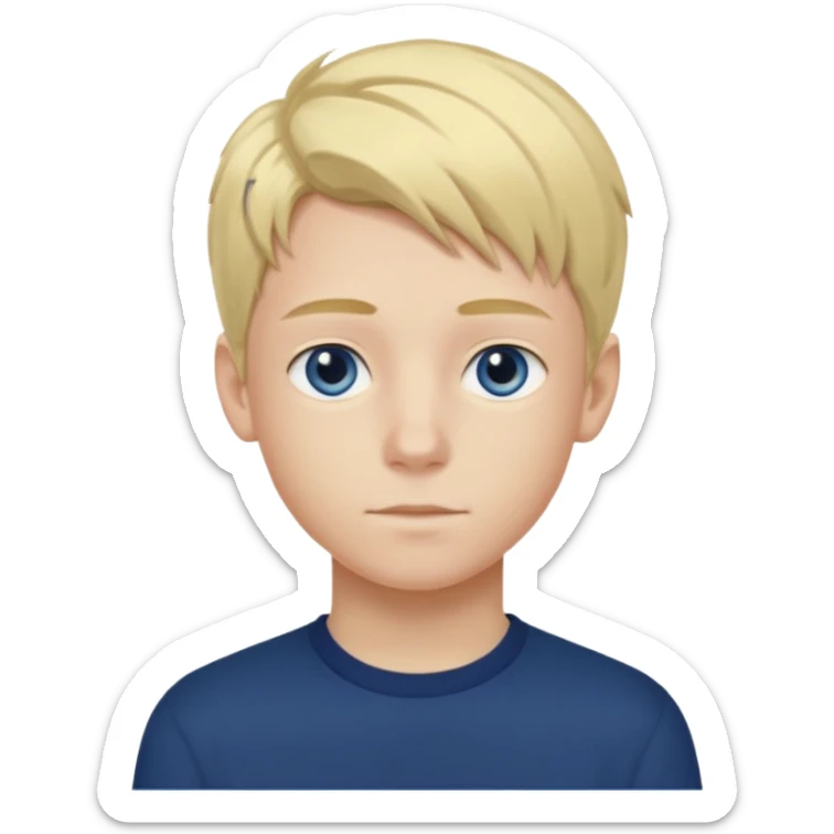 A portrait of a 14-year-old boy, he's got fair blond and yellowish ivy league hair, fair skin and blue eyes. he's wearing a dark blue longsleeve. he's calm. sticker