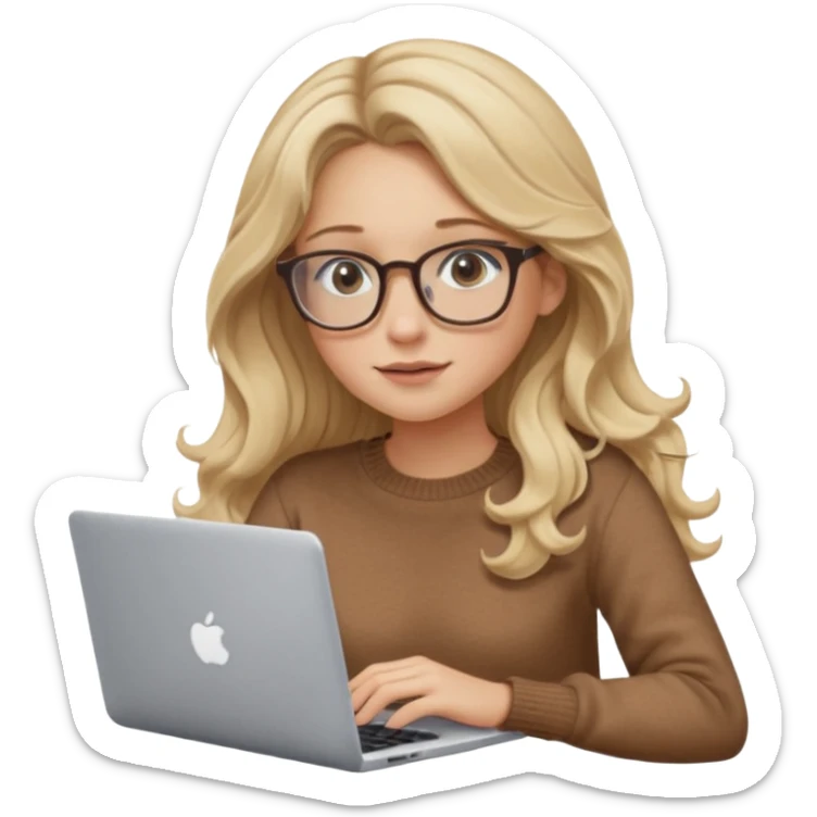 blonde girl with long dark blonde wavy hair, pantos-style glasses, a brown sweater, sitting with a laptop, soft pastel, upper body shot sticker