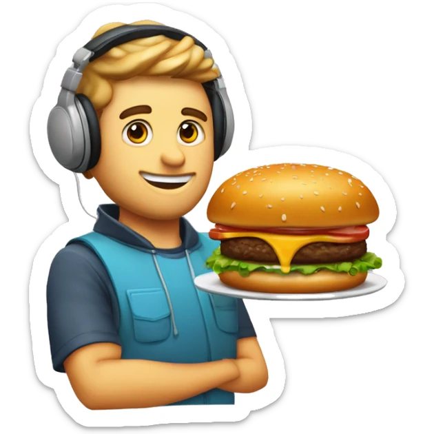 gordo con anteojos y auriculares camiseta que dice renzown y una hamburguesa grasosa en la mano sticker