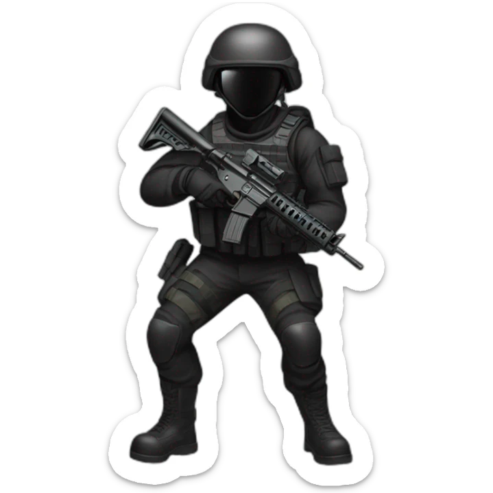 Tactical military soldier dressed in black, wearing a helmet and holding ar15helmet sticker