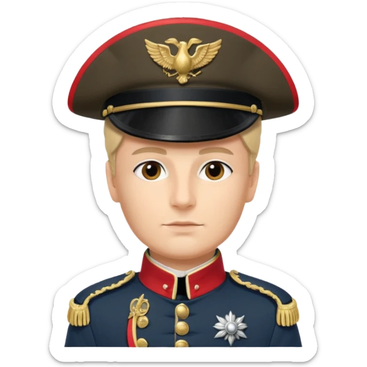 Napoleonic officer in classic military uniform with bicorne hat and epaulettes, confident pose, detailed, suitable for icon or emoji sticker