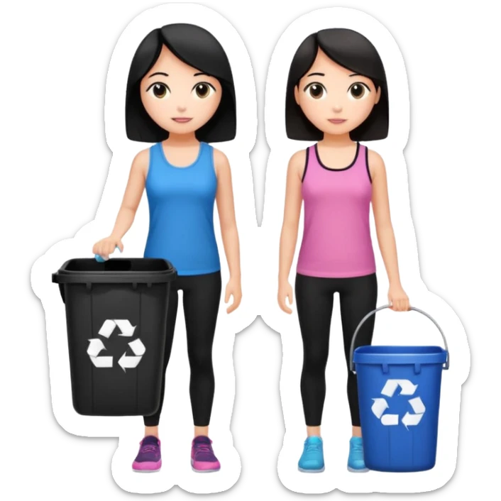 generate a genmoji of a black haired girl in a pink tank top and black leggings holding a black trash bag. Standing with her is a brunette girl in a similar blue tank top and black leggings.
Standing in front of a dustbin sticker