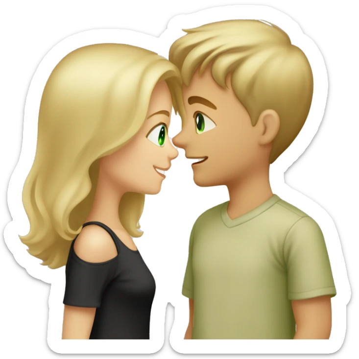boy and girl with dirty-blond hair and light green eyes. Boy is wearing light khaki t shirt. He has a short mustache and fresh haircut. Girl is wearing off shoulders black top. They are looking at each other lovingly. Boy is taller than girl. sticker