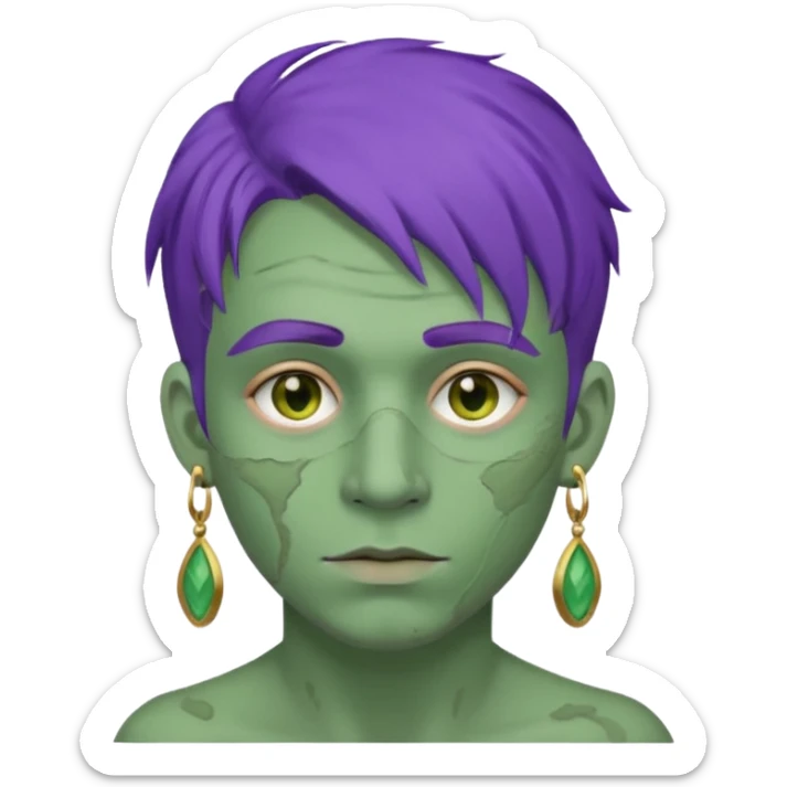 purple haired man with full full face dirty messy green clay mask and earrings sticker