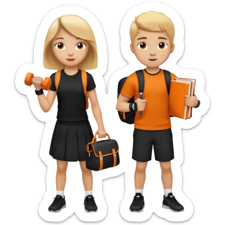 light skin students girl and boy with school bag full of books on hand and dumbell in other hand. Clothes are in black and orange colours. They are going to the gym. They have brown and blonde hair sticker