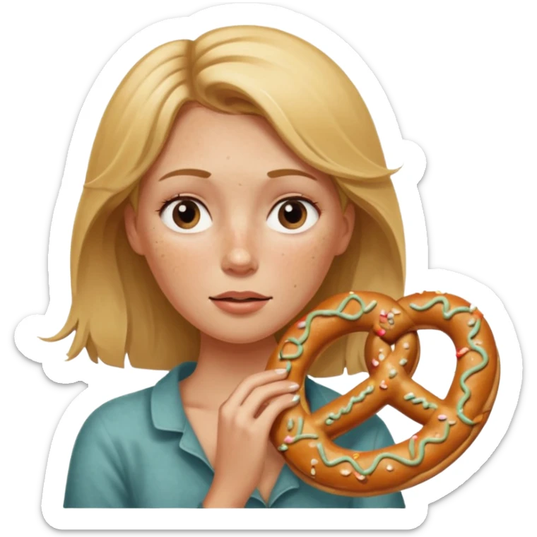 One eye closed, Dirty blond woman, fair skin with freckles,  holding pretzel sticker