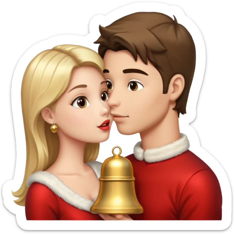 a handsome man and a pretty woman kiss Christmas bell sticker