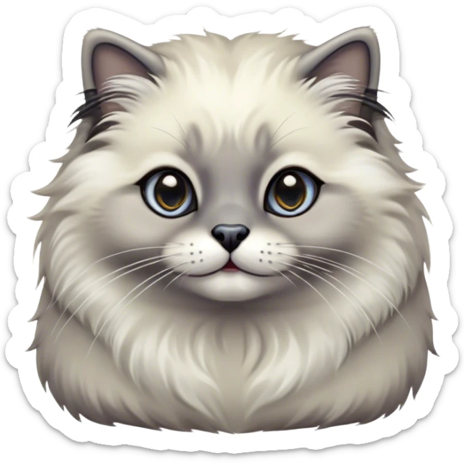 Cinematic Adorable Fluffy Grey Seal Ragdoll Cat Portrait Emoji, Head tilted cutely with big, sparkling eyes, soft grey fur with darker seal points on the ears, face, and paws, Simplified yet irresistibly adorable features, highly detailed, glowing with a soft, warm glow, high shine, affectionate and playful, stylized with a touch of whimsy, bright and endearing, soft glowing outline, capturing the essence of a curious and loving kitten, so cute it feels like it could leap out of the screen and snuggle up for a cuddle! sticker