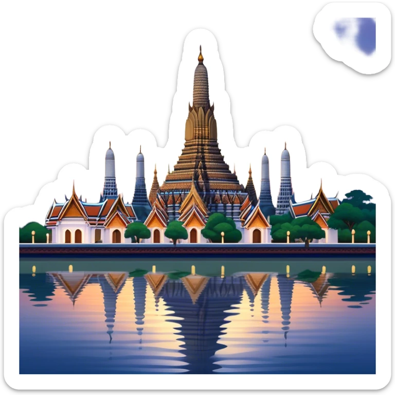 Cinematic Realistic Wat Arun Landmark Emoji, depicted with majestic temple spires illuminated against twilight rendered with intricate detail and soft, ethereal lighting. sticker