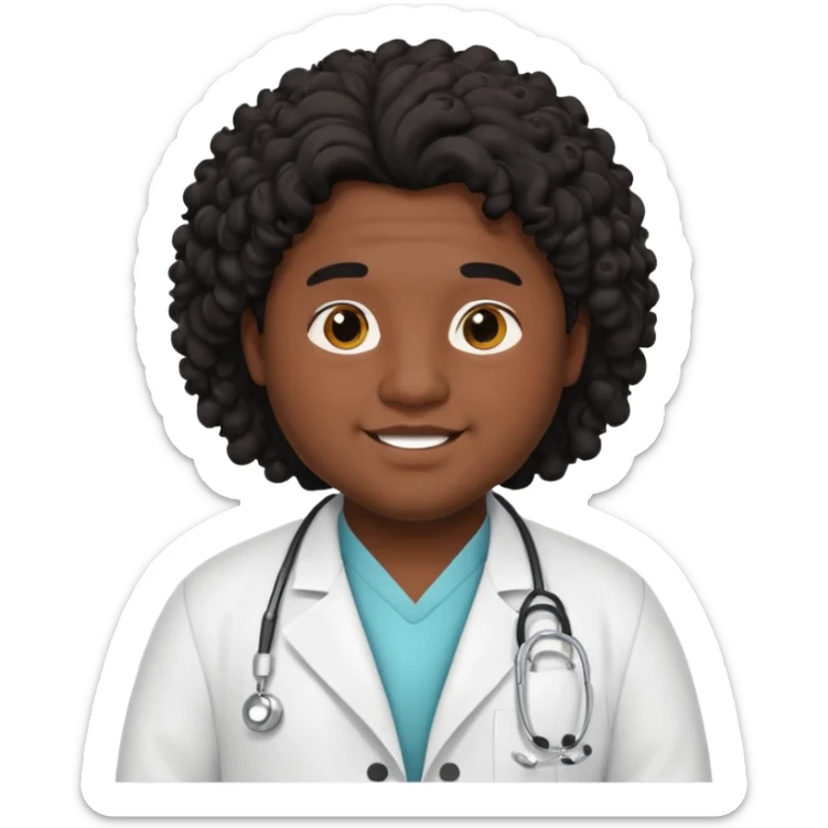 a young chubby male doctor with black long curly hair and cheerful face without gpasses sticker