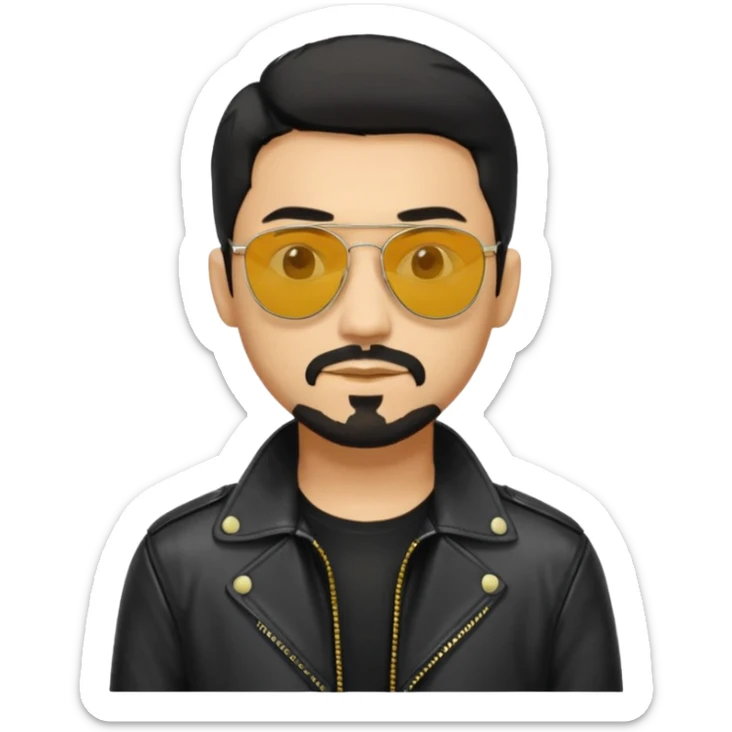 A man with middle part haircut black hair sunglasses with yellowish glasses And black jacket. Goatee short black beard sticker