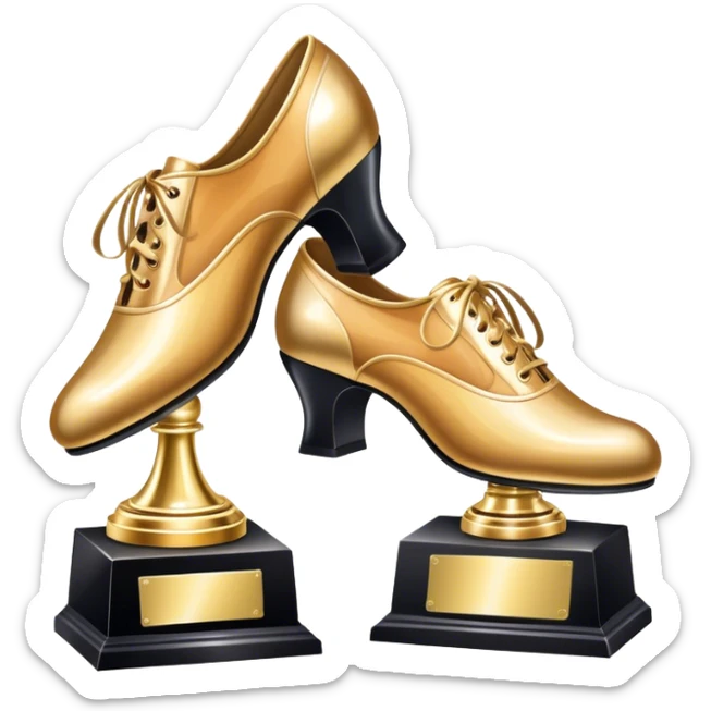 Icon for Ballroom Dancing: a pair of ballroom shoes, a dance floor with lighting, and a decorative dance trophy. The icon should represent the elegance and rhythm of ballroom dance through its key symbols. Transparent background. sticker