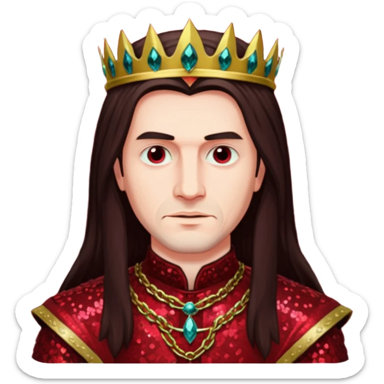 Vlad Tepes with long dark brown hair, dark red sequin outfit sticker