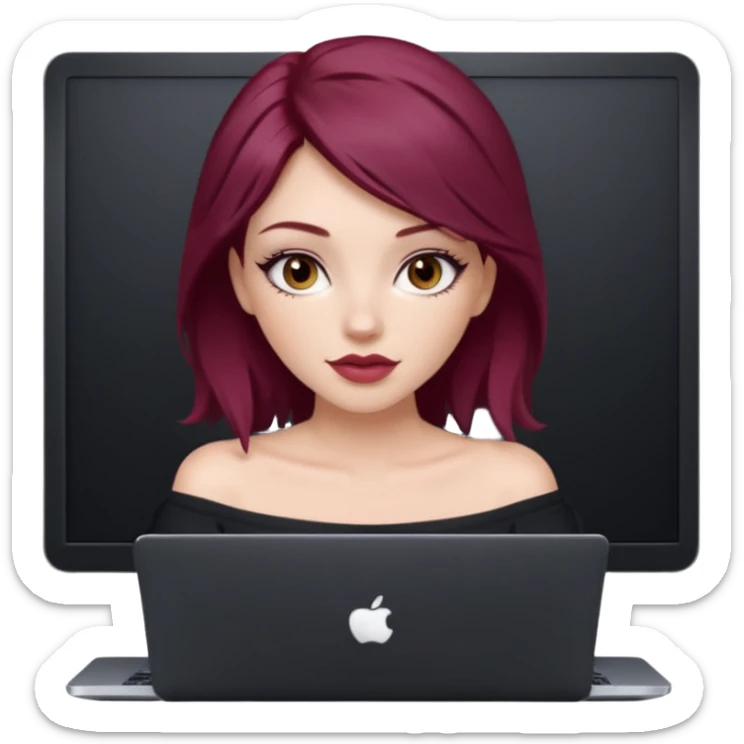white girl, long blow-out style with middle part, burgundy hair, brown eyes, long eyelashes, full lips, off the shoulder black fitted top, laptop in front  sticker