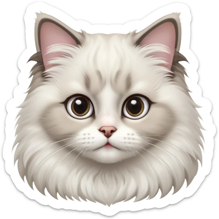 cinematic-adorable-big-eyed-fluffy-ragdoll-cat-portrait-emoji,-head-tilted-playfully-with-a-sweet-expression,-fluffy-white and grey-fur,-simplified-yet-irresistibly-cute-features-with-large,-expression,  sticker