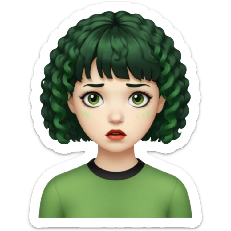 quero que você cria uma mulher, o rosto dela. nela, ela tem cabelo curto e ondulado, tem franja e ela tem semblante triste, deixe ela com pele verde e com cabelo cacheado( ela tem que ter semblante assustador e muito triste, ela pode ter olhos totalmente preto ou vermelho) sticker