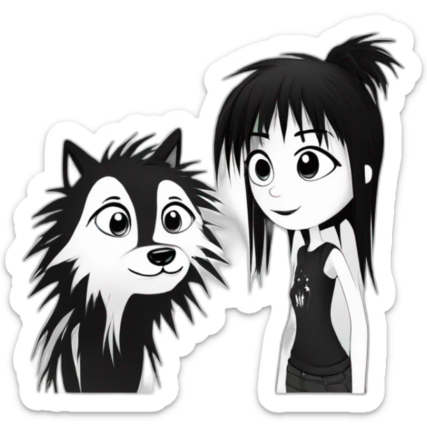 a dog and a girl with black spiky hair looking at each other in style of ((sarah andersen)), black and white,sarah andersen,cartoon,drawn,sketch sticker