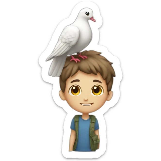 boy with a dove on top of his head and having peace sign hand" sticker